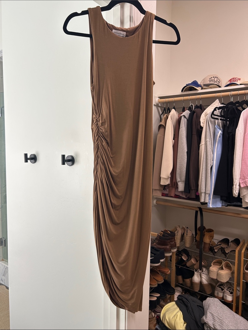 Lovers & Friends Sleeveless Ruched Midi Dress in Camel